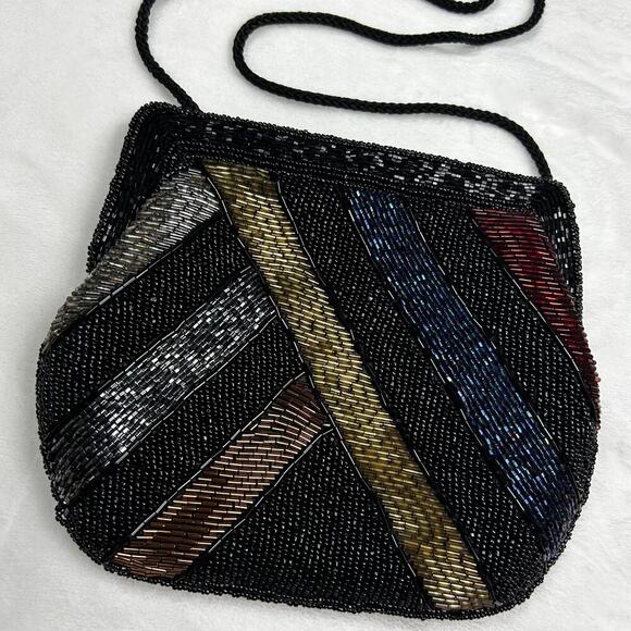 Vintage Beaded Evening Bag Black Rainbow Shoulder Purse Garfinckel's Pocketbook - Picture 4 of 12